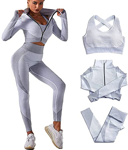 Veriliss Damen 3teiliger Gym Trainingsanzug Nahtlose Laufbekleidung Fitness Kleidung Jogginganzug Reißverschluss Kapuzen Fitness Jogging Tennis Laufen (Grau,S)