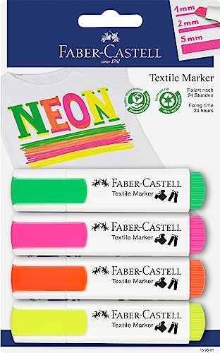 FABER-CASTELL 159591 - Textilmarker in Neonfarben für helle Stoffe, 4 Neon Marker, 1-5 mm Strichbreite