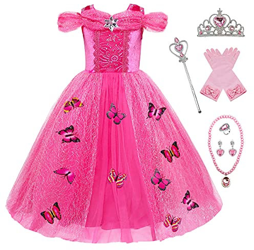 Eleasica Robe de Déguisement Fille Princesse Elsa Robe de Princesse Cendrillon Papillon Reines des Neiges Costume Manches Courtes Noël Carnaval Halloween Cosplay Baguette Couronne,Rose,110