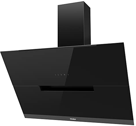 Haier I-Clean Series 4 HADG9DCS56B- Campana extractora decorativa 90cm, Potencia 789 m3/h, Motor 170W, 4 Velocidades, Silenciosa 48 db, Filtros carbono y Antigrasa, Luz LED, Cristal Negro
