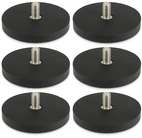 MVT GmbH Neodym Magnete Scheiben mit Gewinde - Gummierte Magnetscheibe - M8 Außengewinde 22KG Stark 66mm - Gummi Magnet Rund zum Schrauben [6 Stück], Schwarz