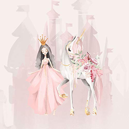 Herz Stoffe Österreich zum Nähen,für Kinder: 1 French Terry Tiere Sweat Stoff Panel - Prinzessin und Einhorn mit Blumen - keine Meterware / 40x50cm - Mädchen Sommersweat - puderrosa,pink,gold,grün