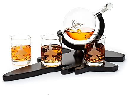 F16 Whiskey Decanter Set with 4 Fighter Jet Whiskey Glasses by The Wine Savant