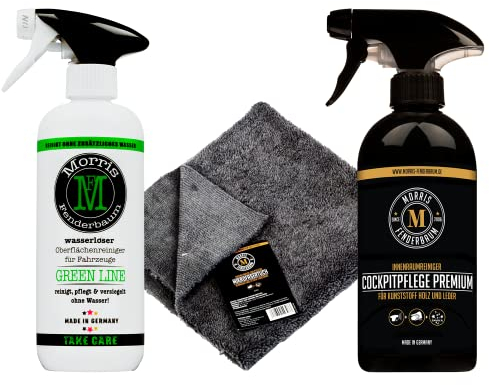 Morris Fenderbaum Sparset Fahrzeugpflege innen und außen Auto - Professionelle Autoreinigung - 1x 500 ml Green Line, 1x 500ml Cockpitpflege Premium, Sprühflasche, 1x Mikrofasertuch Superflausch