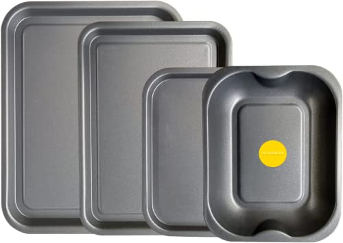 KITCHENEUR®,Juego de 4 bandejas para hornear y asar (38 cm, 35 cm y 28 cm, y 28 cm, bandeja para asar de 28 cm, juego de bandejas para horno multiusos, apto para lavavajillas y fácil de limpiar