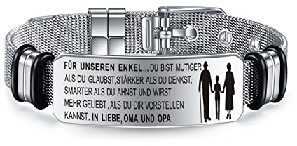 YOTHIWAD Inspirierende Armbänder für Unseren Enkel Personalisierte Armband mit Gravur An Unseren Enkel Armbänder 316L Edelstahl Verstellbar Armband Schnalle Mesh Geschenk für Enkel von Opa Oma