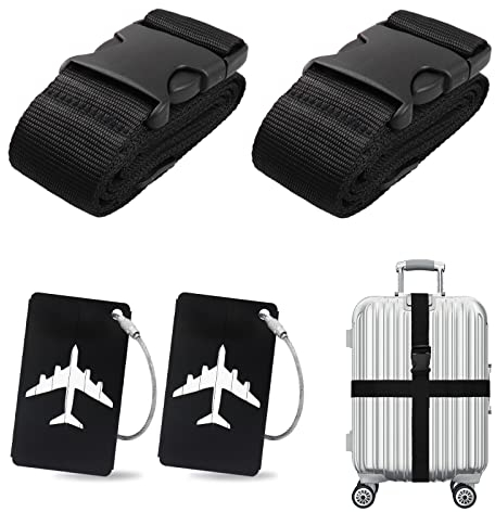 Koffergurt Kofferanhänger Set, 2 Stück gepäckband mit 2 Stück Gepäckanhänger Set, Kofferband Gurt Personalisierte Identifikation für Schnell erkennen Gepäck Reisetasche Koffer (Schwarz)