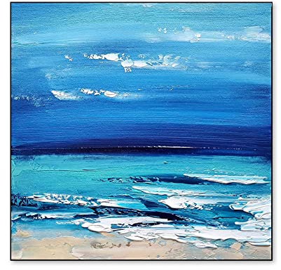 Acrylbilder Auf Leinwand Handgemalt, Blaue Textur Himmel Meereswellen Strandlandschaft Abstrakte Kunst Moderne Kunstwerke Gemälde Handgemalte Ölgemälde Auf Leinwand Wandkunst Für Wohnzimmer Sch