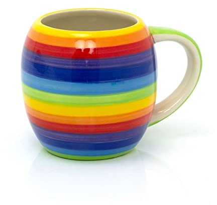 Carousel Home Hand Painted Rainbow Stripe Coffee Mug | Large Round Multi Coloured Tea Cup | Stripped Hot Drinks Mug Coffee Cup