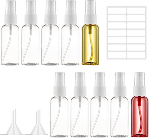 Spray Bottles, 10 Pcs 50ml Clear Empty Fine Mist Plastic Travel Bottle Set, Portable Refillable Liquid Containers with 2pcs Funnels and Labels for Cosmetic, Perfume, Moisturizer, Essential Oil (50ml)