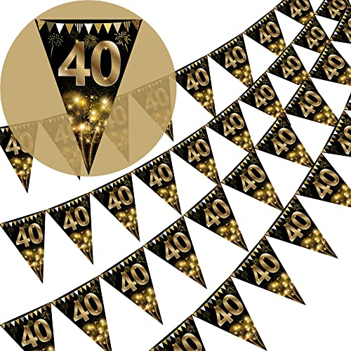 Wimpelkette Happy 40th Birthday, goldfarben und schwarz, glitzernd, Party-Dekoration, 40. Geburtstag, dreieckige Flagge, Banner für Männer und Frauen, 40 Stück