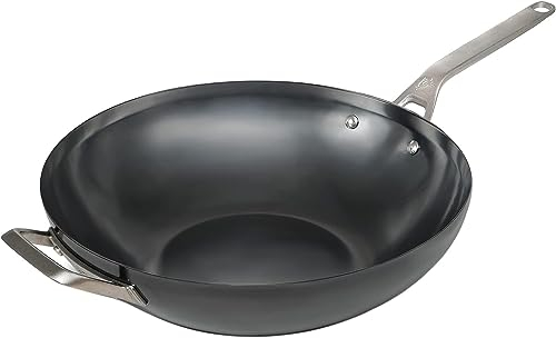 SAVEUR SELECTS NITRI-Black - Wok de acero al carbono naturalmente antiadherente de 35 cm, apto para inducción, resistente al calor hasta 350 °C, apto para horno, nitrurado y resistente al óxido