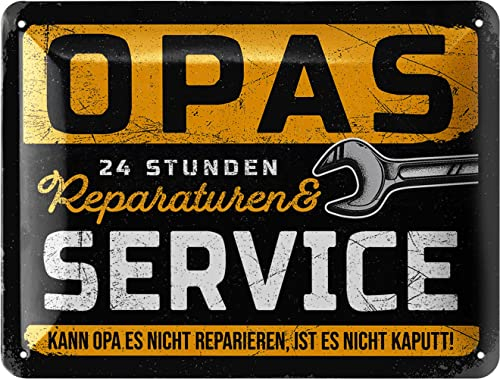 LANOLU Retro Blechschild OPAS SERVICE - Schild Werkstatt OPA - Geburtstagsgeschenk oder Vatertagsgeschenk Schild für Opas - lustige retro Deko mit Spruch, 15x20 cm