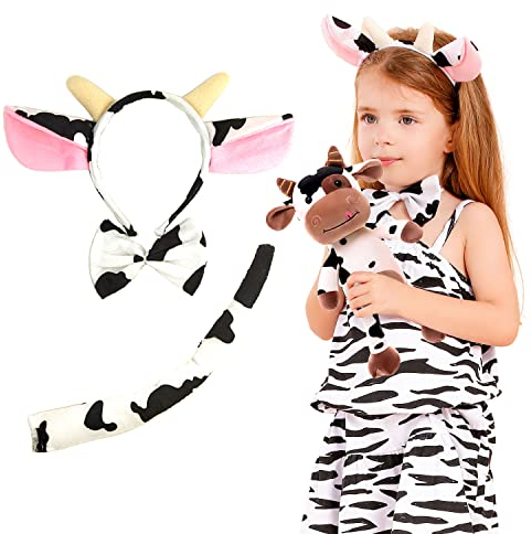 JeVenis Kostüm Set Kuh für Erwachsene Haarreif Bauernhof Kostüm Ohren und Hörnern Handschuhe Fliege und Schwanz Cow Costume Cosplay