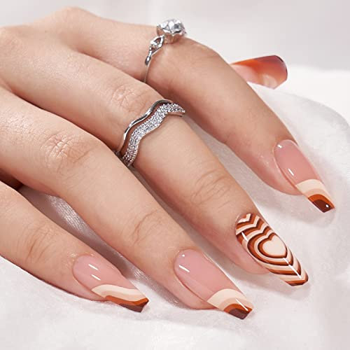 BTArtbox Press On Nails Long - Coffin False Nails with Glue, 30 Pcs Stick on Nails for Women, Fit Perfectly & Natural Reusable Fake Nail in 15 Sizes, Latte Love