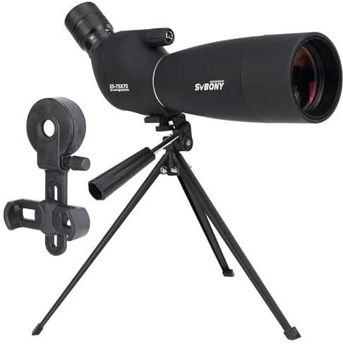 Svbony SV28PLUS Telescopio Terrestre con Trípode y Adaptador de Smartphone, 25-75x70mm con A5 Rojo Clarete FMC BAK4 IP65, Telescopio Terrestre para Tiro al Blanco para Adultos, Tiro con Arco