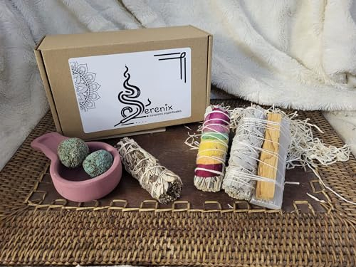 SERENIX, Sahumerios - Atadillos de 7 Chakras, Salvia Blanca con Palo Santo-Selenita, Yerba Santa Blanca - 2 Bombitas Defumación Mirra y Olibano, Cazuela Defumación, Purificación, Rituales de Limpieza