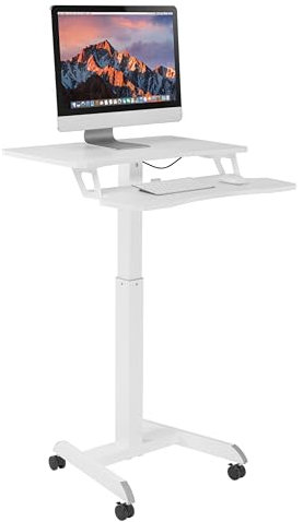 Properav Mobile Two Tier Sit-Stand Desk Workstation 800x400mm Gas Spring Height Adjust 800-1200mm using Pedal with Keyboard Tray for Windows & Mac Monitors & Laptops inc Dell, BenQ, HP etc -White