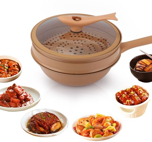Non-Stick Clay Wok With Steamer Basket, 2024 New Clay Clay Micro-pressure Non-stick Deep Frying Pan, Woks & Stir-fry Pan with Lid, Multifunctional Flat Bottom Wok Steam Boil Pottery Saucepan