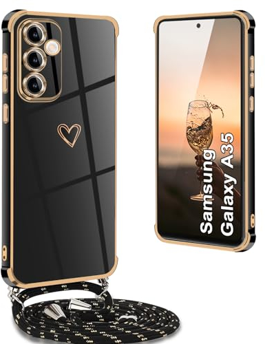 Yutwo Funda para Samsung A35 5G con Cuerda, Fundas para Samsung A35 con Colgante Patrón de Corazón TPU Suave Carcasa Silicona de Cuello Antigolpes Funda para Samsung Galaxy A35 5G, Negro