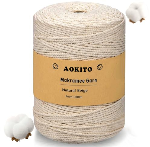 YESLUSY Makramee Garn 3mm x 300m Makramee Baumwollgarn, Baumwollkordel Natur 3mm, Baumwoll Bastelschnur für DIY Handwerk Basteln Stricken Boho Deko Wandbehang Dekoration Wohnzimmer Balkon - Beige