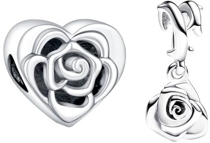 NUNUYAYA Perles Charms Argent Sterling 925 Breloque Pendentif Rose in Bloom Dangle Bead Compatible pour Femmes Filles Européen Bracelets Colliers 2pcs / Set