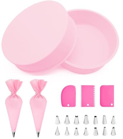 TRUEIN 2 Pcs Silicone Cake Tins, 8 inch Pans with 21 Pcs Piping Kit, Non-Stick Baking Moulds for Rainbows, Cheese and Cream Cakes (Pink)