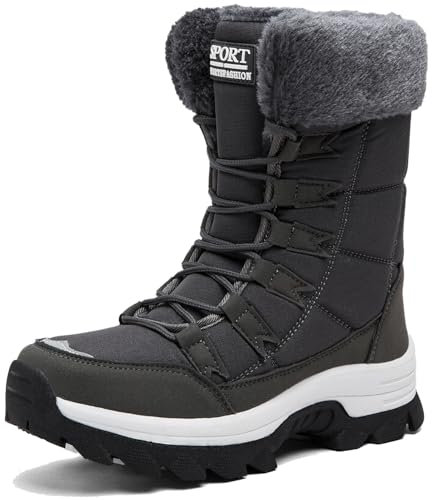 VLOOKST Stivali da Neve Donna Scarpe da Camminata Invernali Impermeabile Antiscivolo Caldo Pelliccia Foderati Passeggiate Stivaletti Sneaker Casual Outdoor Stivali da Escursionismo Nero Grigio 41EU
