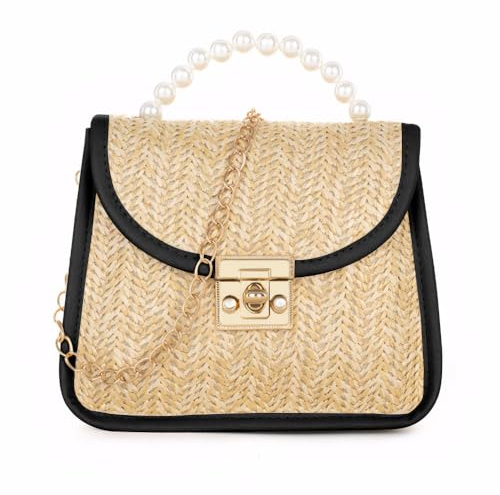TOFBS Bolso Mujer Bandolera de Paja Bolso Mano Tejido Bolsa Hombro Bolsillos Casual Crossbody para a Playa Verano Escuela Viaje Uso Diario (Negro)