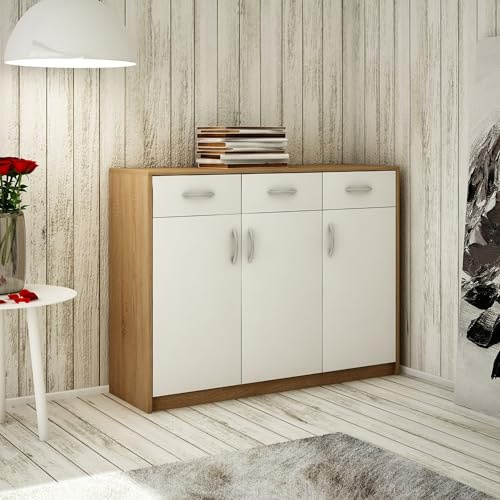 Home Collective Kommode mit 3 Schubladen und 3 Türen in matter Ausführung Kommode 110cm breit mit hochwertigen Polymergriffen Holz Schrank mit Schubladen - Aus laminierter Platte gefertigt sonoma weiß
