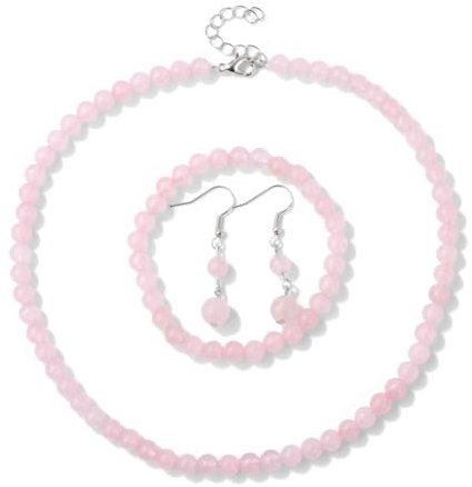 XSDSLS Ensemble Parure Pierre Naturelle de Bijoux pour Femme Bracelet en Pierres Naturelles élastique Collier à Pierre Naturelles Réglable Boucles d'oreilles Naturelles Cristal Cadeau (Quartz Rose)