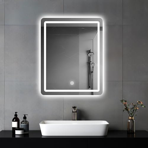 MYGIIVOVO Espejo de pared para baño, espejo de baño con iluminación, espejo con luz LED, interruptor táctil y 3 colores regulable (45 x 60 cm)