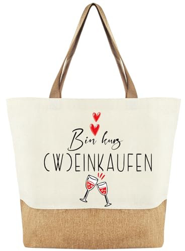 Tarklanda Jutebeutel für Frauen, Stofftasche Geschenk Damen, Jute Baumwolltasche mit Spruch Bin Kurz (W) Einkaufen, Einkaufstasche Geschenk für Frauen, Freund, Frau, Mama zum Geburtstag, Weihnachten