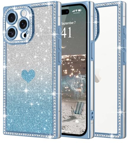 ROSEHUI Case for iPhone 13 Pro Max, Sparkle Cute Love Heart Pattern, Blue | Rectangle Bling Rhinestones,Removable Glitter Paper,TPU Shockproof Bumper,Luxury Plating Design,Slim Phone Cover for Women