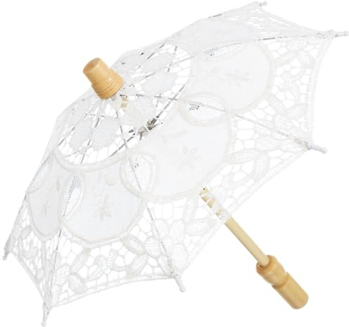 IMIKEYA Parapluie en Dentelle Blanc pour Mariage Broderie Élégante, Tissu Coton et Manche en Bois Ergonomique, Accessoire Stylé pour Mariée et Fête