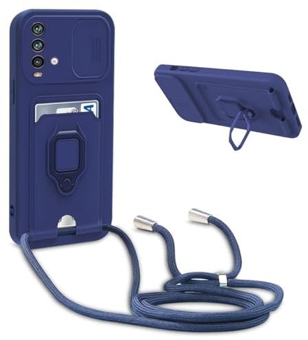 xinyunew Handykette Silikon Hülle für Xiaomi Redmi Note 9 mit Band, Handyhülle mit Kartenfach, Abnehmbar Kordel Kette, 360 Grad Ringhalter Stand Kartenfach Stoßfeste Schutzhülle,Blau