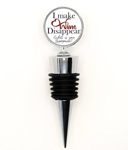 Novelty Wine Bottle Stopper, 'I Make Wine Disappear' Design, Chrome and Black