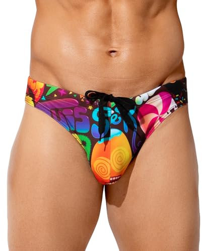 Mauro Kane Maillot de Bain pour Homme, Slip de Bain Taille Basse Swim Briefs pour Piscine Plage Plongée, Cordon de Serrage Réglable avec Imprimé Shorts Crème glacée M