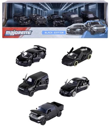 Majorette Auto-Set Black Edition (5 Autos) - 5 Schwarze Modellautos aus Metall mit Freilauf, Federung & zu öffnendem Teil, Spielzeugautos für Sammler und Kinder ab 3 Jahre, je 7,5 cm