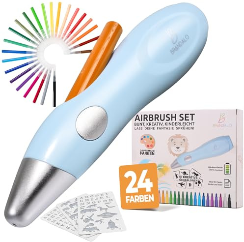 BRANDALO® Airbrush Set Kinder mit 24 Farben Pustestifte & Airbrush Farben Set, Air Brush, Sprühstifte, Airbrushpistole Malzubehör Air Brush Pistole Set, Sprühstifte Malzubehör Farbsprühstift- Hellblau