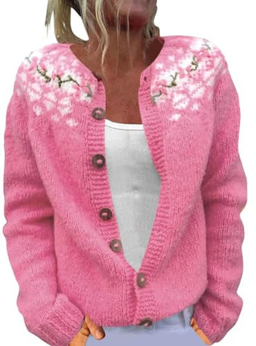 Cardigans for Women UK Fair Isle Nordic Patterned Sweater Long Sleeve Crew Neck Cardigan Jacket for Autumn and Winter
