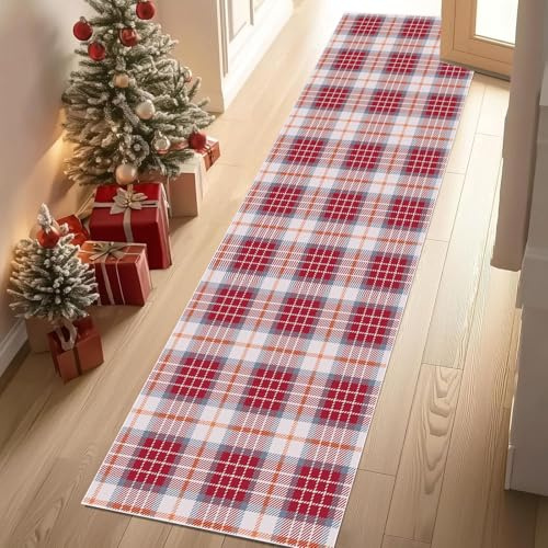 Waschbarer Rustikaler Karierte Teppich Argyle für Küche und Flur, 80x180 cm | Küchenläufer Rutschfester Landhausstil Langer Läufer Traditionell Streifenmuster Teppich Maschinenwaschbar, Schmutzabweisend