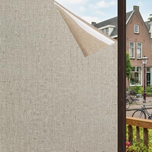 Homewell Fensterfolie Blickdicht Leinenoptik Kaffee - Sichtschutzfolie Fenster statisch haftend - Glasdekorfolie schmal für Haustür und Fenster 45x300 cm