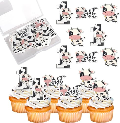 60 Packung Essbare Kuh Geburtstag Tortendeko Cow 1st Birthday Cupcake Toppers Tiere Kuh Kindergeburtstags für Cow Thema Baby Dusche Kinder Geburtstag Party Kuchen Deko