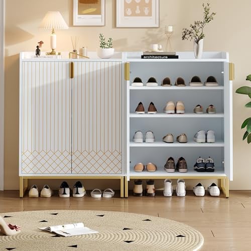 Ligterra Zwei Schuhschrank mit Doppeltür, Schuhkipper Mit Ablage, Goldenen Metallbeinen, Schuhschrank Schmal mit Goldfarbenen Schranktüren, Schrank Flur Schuhkommode im Flur, 75 * 37 * 105CM(Weiß)