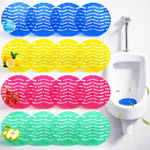 16er Urinalsieb mit Duft, Spritzschutz, Lufterfrischer Einzeln Verpackt | Urinal Duft, WC & Urinal Lufterfrischer, 4 Farben & Düfte (Rot: Kirsche, Gelb: Zitrone, Grün: Apfel, Blau: Meeresbrise)
