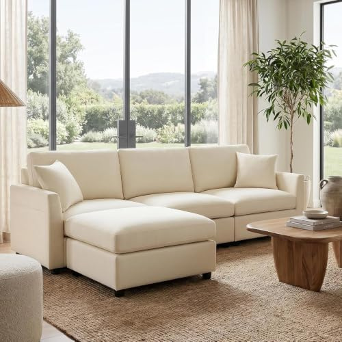 Kingfun Modulares Sofa Beige, L-Form Wohnlandschaft mit Relaxfunktion, individuell konfigurierbare U Form Ecksofa für Wohnzimmer & Schlafzimmer, Chenille Couch mit hochdichtem Schaum für Apartment