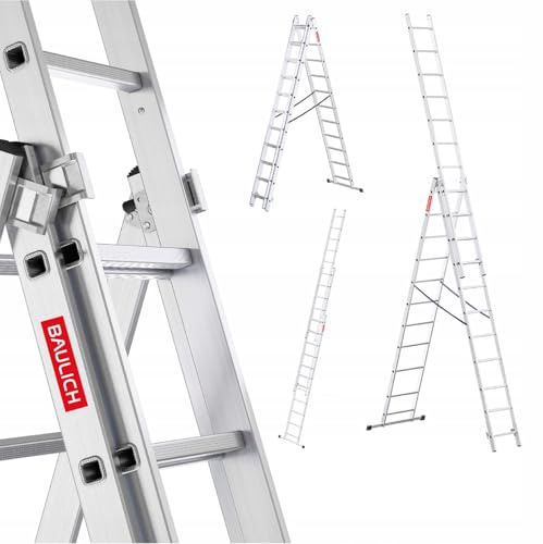 Baulich - Mehrzweckleiter 3in1 - Treppenleiter, Anlegeleiter & Stehleiter - Aluleiter Ausziehbar - 3x11 (Stufen) Vielseitig, Klappbar, Bis 150kg, Für Arbeiten Im Haus und Garten, Leicht 15,1kg, Silber