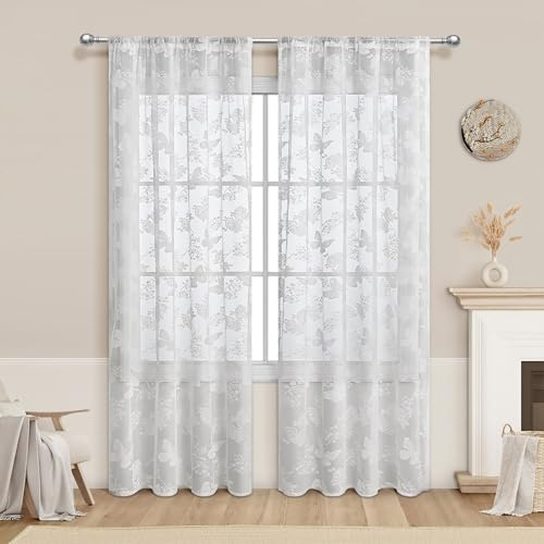 BOYOUTH Tende trasparenti in pizzo con motivo farfalle e fiori, con tasca per asta, tende per finestra, per cucina, sala da pranzo, bar, 90 x 200 cm, bianco, 2 pannelli