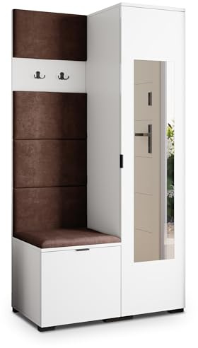 Masseno Flugarderoben Set VIRA, Kleiderschrank-Set mit Spiegel und Sitzbank, Garderobenschrank Flur mit 3 Regalböden, Weiß